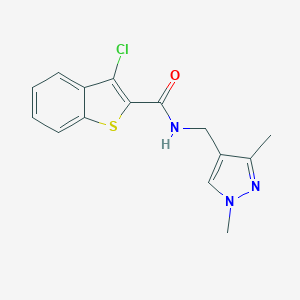 molecular formula C15H14ClN3OS B280282 3-chloro-N-[(1,3-dimethyl-1H-pyrazol-4-yl)methyl]-1-benzothiophene-2-carboxamide 