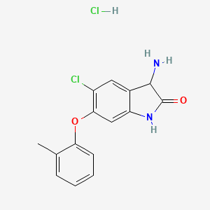molecular formula C15H14Cl2N2O2 B2802849 3-氨基-5-氯-6-(2-甲基苯氧基)-2,3-二氢-1H-吲哚-2-酮盐酸盐 CAS No. 1955505-60-8