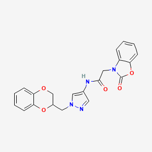 molecular formula C21H18N4O5 B2802937 N-(1-((2,3-dihydrobenzo[b][1,4]dioxin-2-yl)methyl)-1H-pyrazol-4-yl)-2-(2-oxobenzo[d]oxazol-3(2H)-yl)acetamide CAS No. 1797639-33-8