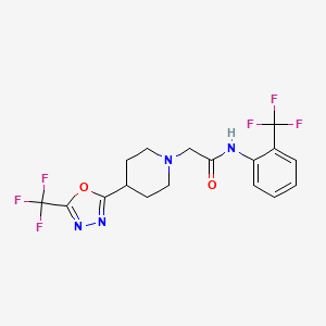 molecular formula C17H16F6N4O2 B2802950 2-(4-(5-(trifluoromethyl)-1,3,4-oxadiazol-2-yl)piperidin-1-yl)-N-(2-(trifluoromethyl)phenyl)acetamide CAS No. 1396758-82-9
