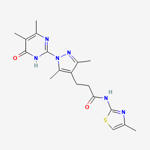 molecular formula C18H22N6O2S B2802958 3-(1-(4,5-dimethyl-6-oxo-1,6-dihydropyrimidin-2-yl)-3,5-dimethyl-1H-pyrazol-4-yl)-N-(4-methylthiazol-2-yl)propanamide CAS No. 1171711-31-1