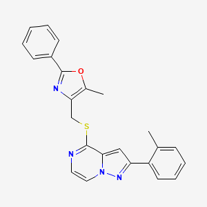 molecular formula C24H20N4OS B2803022 2-(2-Methylphenyl)-4-{[(5-methyl-2-phenyl-1,3-oxazol-4-yl)methyl]sulfanyl}pyrazolo[1,5-a]pyrazine CAS No. 1206991-06-1