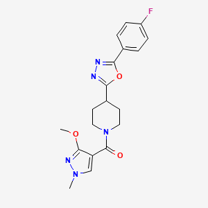 molecular formula C19H20FN5O3 B2803034 (4-(5-(4-fluorophenyl)-1,3,4-oxadiazol-2-yl)piperidin-1-yl)(3-methoxy-1-methyl-1H-pyrazol-4-yl)methanone CAS No. 1211750-21-8