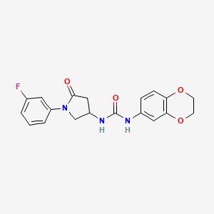 molecular formula C19H18FN3O4 B2803093 1-(2,3-二氢苯并[b][1,4]二噁烷-6-基)-3-(1-(3-氟苯基)-5-氧代吡咯烷-3-基)脲 CAS No. 894032-14-5