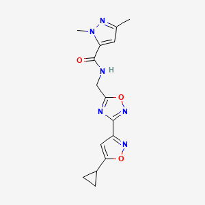 molecular formula C15H16N6O3 B2803111 N-((3-(5-cyclopropylisoxazol-3-yl)-1,2,4-oxadiazol-5-yl)methyl)-1,3-dimethyl-1H-pyrazole-5-carboxamide CAS No. 2034336-78-0