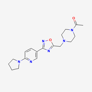 molecular formula C18H24N6O2 B2803157 1-[4-({3-[6-(1-Pyrrolidinyl)-3-pyridyl]-1,2,4-oxadiazol-5-yl}methyl)piperazino]-1-ethanone CAS No. 1341006-41-4