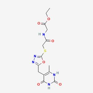 molecular formula C14H17N5O6S B2803182 Ethyl 2-(2-((5-((6-methyl-2,4-dioxo-1,2,3,4-tetrahydropyrimidin-5-yl)methyl)-1,3,4-oxadiazol-2-yl)thio)acetamido)acetate CAS No. 1203290-37-2