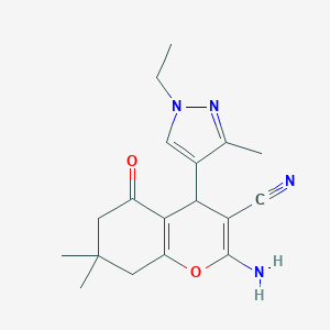 molecular formula C18H22N4O2 B280319 2-amino-4-(1-ethyl-3-methyl-1H-pyrazol-4-yl)-7,7-dimethyl-5-oxo-5,6,7,8-tetrahydro-4H-chromene-3-carbonitrile 