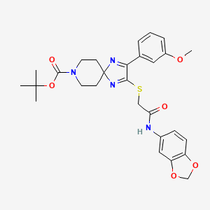 molecular formula C28H32N4O6S B2803202 Tert-butyl 2-((2-(benzo[d][1,3]dioxol-5-ylamino)-2-oxoethyl)thio)-3-(3-methoxyphenyl)-1,4,8-triazaspiro[4.5]deca-1,3-diene-8-carboxylate CAS No. 1223921-17-2