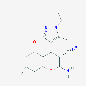 molecular formula C18H22N4O2 B280321 2-amino-4-(1-ethyl-5-methyl-1H-pyrazol-4-yl)-7,7-dimethyl-5-oxo-5,6,7,8-tetrahydro-4H-chromene-3-carbonitrile 