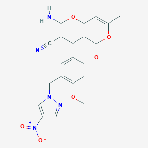 molecular formula C21H17N5O6 B280324 2-amino-4-{4-methoxy-3-[(4-nitro-1H-pyrazol-1-yl)methyl]phenyl}-7-methyl-5-oxo-4H,5H-pyrano[4,3-b]pyran-3-carbonitrile 