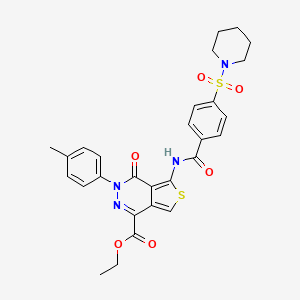 molecular formula C28H28N4O6S2 B2803251 乙基-3-(4-甲基苯基)-4-氧代-5-[(4-哌啶-1-基磺酰基苯甲酰)氨基]噻吩并[3,4-d]吡啶-1-甲酸酯 CAS No. 851948-72-6