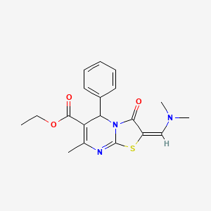 molecular formula C19H21N3O3S B2803254 (E)-乙酸-2-((二甲胺)甲亚甲基)-7-甲基-3-氧代-5-苯基-3,5-二氢-2H-噻唑并[3,2-a]嘧啶-6-甲酸酯 CAS No. 725218-72-4