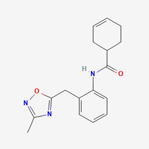 molecular formula C17H19N3O2 B2803340 N-(2-((3-methyl-1,2,4-oxadiazol-5-yl)methyl)phenyl)cyclohex-3-enecarboxamide CAS No. 1448076-08-1