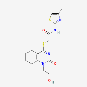 molecular formula C16H20N4O3S2 B2803362 2-((1-(2-hydroxyethyl)-2-oxo-1,2,5,6,7,8-hexahydroquinazolin-4-yl)thio)-N-(4-methylthiazol-2-yl)acetamide CAS No. 920165-46-4