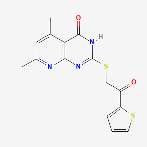 molecular formula C15H13N3O2S2 B2803415 2-((4-Hydroxy-5,7-dimethylpyrido[2,3-d]pyrimidin-2-yl)thio)-1-(thiophen-2-yl)ethanone CAS No. 667887-75-4