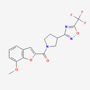 molecular formula C17H14F3N3O4 B2803482 (7-Methoxybenzofuran-2-yl)(3-(5-(trifluoromethyl)-1,2,4-oxadiazol-3-yl)pyrrolidin-1-yl)methanone CAS No. 2034284-50-7