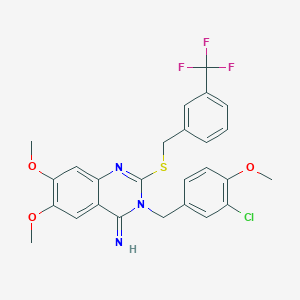 molecular formula C26H23ClF3N3O3S B2803498 3-(3-chloro-4-methoxybenzyl)-6,7-dimethoxy-2-{[3-(trifluoromethyl)benzyl]sulfanyl}-4(3H)-quinazolinimine CAS No. 439121-06-9