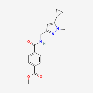 molecular formula C17H19N3O3 B2803508 methyl 4-(((5-cyclopropyl-1-methyl-1H-pyrazol-3-yl)methyl)carbamoyl)benzoate CAS No. 1448077-28-8