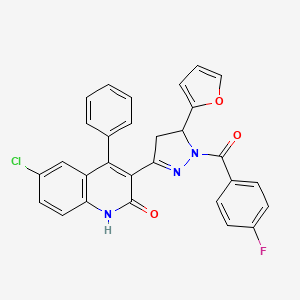 molecular formula C29H19ClFN3O3 B2803534 6-chloro-3-(1-(4-fluorobenzoyl)-5-(furan-2-yl)-4,5-dihydro-1H-pyrazol-3-yl)-4-phenylquinolin-2(1H)-one CAS No. 391230-40-3