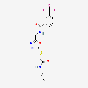 molecular formula C16H17F3N4O3S B2803593 N-[[5-[2-oxo-2-(propylamino)ethyl]sulfanyl-1,3,4-oxadiazol-2-yl]methyl]-3-(trifluoromethyl)benzamide CAS No. 906155-21-3