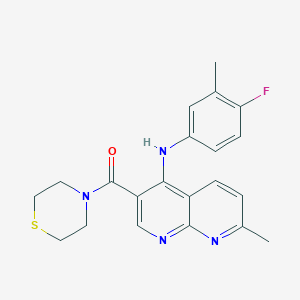 molecular formula C21H21FN4OS B2803597 (4-((4-Fluoro-3-methylphenyl)amino)-7-methyl-1,8-naphthyridin-3-yl)(thiomorpholino)methanone CAS No. 1251619-79-0
