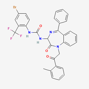 molecular formula C32H24BrF3N4O3 B2803651 N-(2,5-diaza-2-(2-(2-methylphenyl)-2-oxoethyl)-3-oxo-6-phenylbicyclo[5.4.0]undeca-1(7),5,8,10-tetraen-4-yl)((4-bromo-2-(trifluoromethyl)phenyl)amino)formamide CAS No. 1796916-64-7