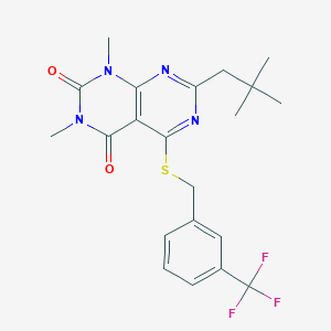 molecular formula C21H23F3N4O2S B2803753 1,3-dimethyl-7-neopentyl-5-((3-(trifluoromethyl)benzyl)thio)pyrimido[4,5-d]pyrimidine-2,4(1H,3H)-dione CAS No. 896677-47-7