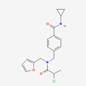 molecular formula C19H21ClN2O3 B2803802 4-[[2-Chloropropanoyl(furan-2-ylmethyl)amino]methyl]-N-cyclopropylbenzamide CAS No. 2411235-33-9