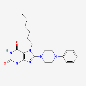 molecular formula C22H30N6O2 B2803876 7-Hexyl-3-methyl-8-(4-phenyl-1-piperazinyl)purine-2,6-dione CAS No. 578744-92-0