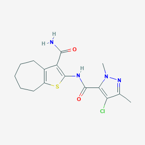 molecular formula C16H19ClN4O2S B280393 N-(3-carbamoyl-5,6,7,8-tetrahydro-4H-cyclohepta[b]thiophen-2-yl)-4-chloro-1,3-dimethyl-1H-pyrazole-5-carboxamide 