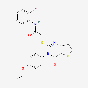 molecular formula C22H20FN3O3S2 B2803981 2-((3-(4-ethoxyphenyl)-4-oxo-3,4,6,7-tetrahydrothieno[3,2-d]pyrimidin-2-yl)thio)-N-(2-fluorophenyl)acetamide CAS No. 686772-35-0