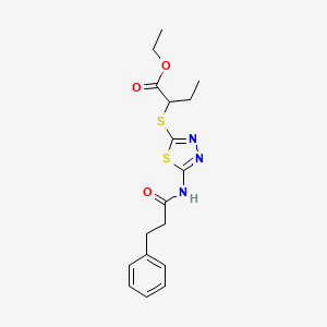 molecular formula C17H21N3O3S2 B2804006 Ethyl 2-((5-(3-phenylpropanamido)-1,3,4-thiadiazol-2-yl)thio)butanoate CAS No. 476465-88-0