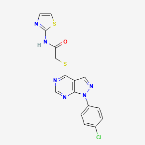 molecular formula C16H11ClN6OS2 B2804017 2-((1-(4-chlorophenyl)-1H-pyrazolo[3,4-d]pyrimidin-4-yl)thio)-N-(thiazol-2-yl)acetamide CAS No. 893914-39-1