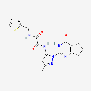 molecular formula C18H18N6O3S B2804032 N1-(3-methyl-1-(4-oxo-4,5,6,7-tetrahydro-3H-cyclopenta[d]pyrimidin-2-yl)-1H-pyrazol-5-yl)-N2-(thiophen-2-ylmethyl)oxalamide CAS No. 1014048-05-5