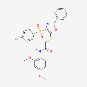 molecular formula C25H21ClN2O6S2 B2804077 2-((4-((4-chlorophenyl)sulfonyl)-2-phenyloxazol-5-yl)thio)-N-(2,4-dimethoxyphenyl)acetamide CAS No. 850926-18-0