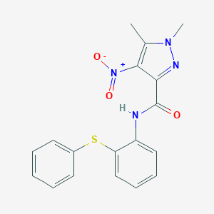 molecular formula C18H16N4O3S B280414 1,5-dimethyl-4-nitro-N-[2-(phenylsulfanyl)phenyl]-1H-pyrazole-3-carboxamide 
