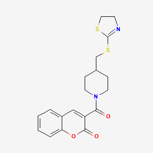 molecular formula C19H20N2O3S2 B2804159 3-(4-(((4,5-dihydrothiazol-2-yl)thio)methyl)piperidine-1-carbonyl)-2H-chromen-2-one CAS No. 1396861-12-3