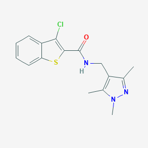 molecular formula C16H16ClN3OS B280416 3-chloro-N-[(1,3,5-trimethyl-1H-pyrazol-4-yl)methyl]-1-benzothiophene-2-carboxamide 