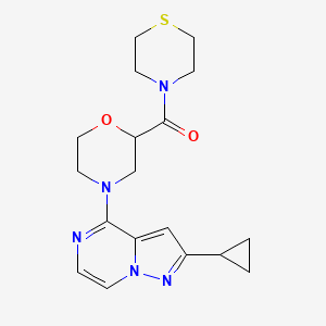 molecular formula C18H23N5O2S B2804172 [4-(2-Cyclopropylpyrazolo[1,5-a]pyrazin-4-yl)morpholin-2-yl]-thiomorpholin-4-ylmethanone CAS No. 2415534-10-8