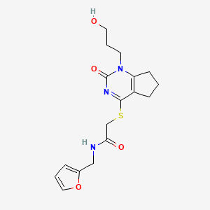 molecular formula C17H21N3O4S B2804207 N-(呋喃-2-基甲基)-2-((1-(3-羟基丙基)-2-氧代-2,5,6,7-四氢-1H-环戊[d]嘧啶-4-基)硫)乙酰胺 CAS No. 899743-16-9