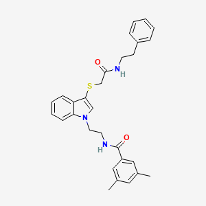 molecular formula C29H31N3O2S B2804239 3,5-dimethyl-N-(2-(3-((2-oxo-2-(phenethylamino)ethyl)thio)-1H-indol-1-yl)ethyl)benzamide CAS No. 851715-03-2
