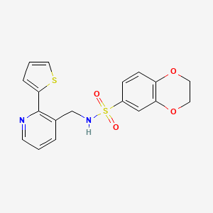 molecular formula C18H16N2O4S2 B2804245 N-((2-(thiophen-2-yl)pyridin-3-yl)methyl)-2,3-dihydrobenzo[b][1,4]dioxine-6-sulfonamide CAS No. 2034254-89-0