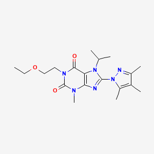 molecular formula C19H28N6O3 B2804268 1-(2-Ethoxyethyl)-3-methyl-7-propan-2-yl-8-(3,4,5-trimethylpyrazol-1-yl)purine-2,6-dione CAS No. 1014010-99-1