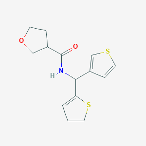 molecular formula C14H15NO2S2 B2804380 N-(thiophen-2-yl(thiophen-3-yl)methyl)tetrahydrofuran-3-carboxamide CAS No. 2034381-71-8