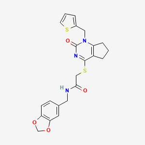 molecular formula C22H21N3O4S2 B2804384 N-(benzo[d][1,3]dioxol-5-ylmethyl)-2-((2-oxo-1-(thiophen-2-ylmethyl)-2,5,6,7-tetrahydro-1H-cyclopenta[d]pyrimidin-4-yl)thio)acetamide CAS No. 899747-61-6