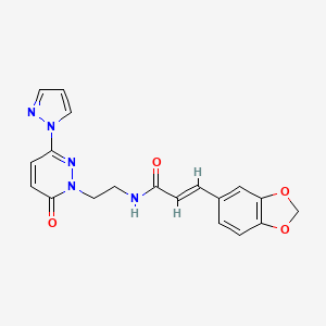 molecular formula C19H17N5O4 B2804468 (E)-3-(苯并[d][1,3]二噁杂环-5-基)-N-(2-(6-氧代-3-(1H-吡唑-1-基)吡啶并[6H]-1-基)乙基)丙烯酰胺 CAS No. 1351663-86-9