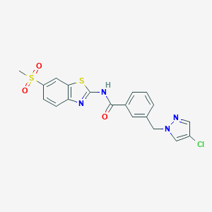 molecular formula C19H15ClN4O3S2 B280450 3-[(4-chloro-1H-pyrazol-1-yl)methyl]-N-[6-(methylsulfonyl)-1,3-benzothiazol-2-yl]benzamide 