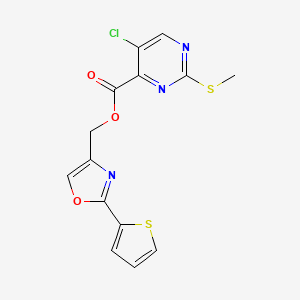 molecular formula C14H10ClN3O3S2 B2804505 [2-(Thiophen-2-yl)-1,3-oxazol-4-yl]methyl 5-chloro-2-(methylsulfanyl)pyrimidine-4-carboxylate CAS No. 1223226-99-0