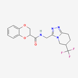 molecular formula C17H17F3N4O3 B2804609 N-((6-(三氟甲基)-5,6,7,8-四氢-[1,2,4]三唑并[4,3-a]吡啶-3-基)甲基)-2,3-二氢苯并[b][1,4]二噁烷-2-羧酰胺 CAS No. 2034538-19-5